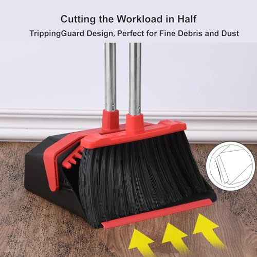 Broom and Dustpan Set with 51" Long Handle & Self-Cleaning Teeth
