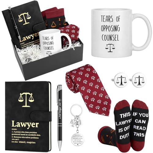 Sunnychicc 7-Piece Lawyer Gift Set Burgundy – Journal, Mug, Pen, Tie, Cufflinks, Socks, Keychain