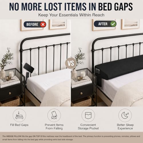 Twin Bed Wedge Pillow for Headboard Gap Filler - High-Density Foam