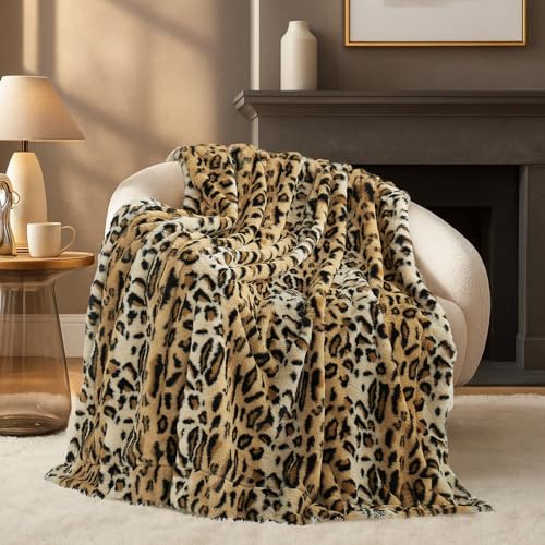 Cozy Bliss Brown Leopard Faux Fur Throw Blanket 60x80 Twin Edition