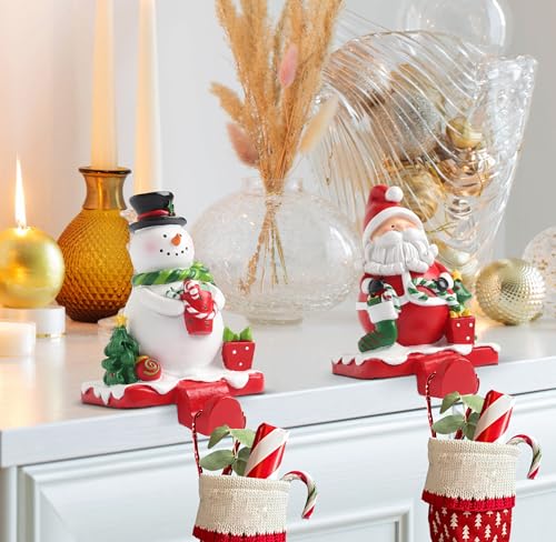 Christmas Santa & Snowman Stocking Holders Set - Holiday Mantel Hooks
