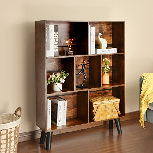 3-Tier Mid-Century Modern Cube Bookshelf with Legs, Brown Storage Shelf