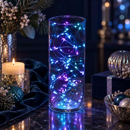 QBIS USB Micro LED String Lights 100 Blue, Purple & Turquoise - Black Wire, Remote Control