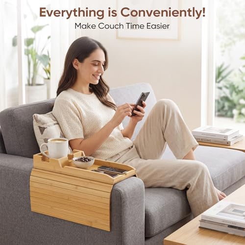 Bamboo Couch Arm Tray Table with Cup Holder, Foldable Sofa Armrest Tray