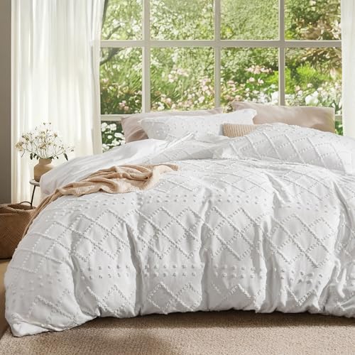 Boho Queen Duvet Cover Set - 3-Piece Soft Tufted Embroidery Bedding