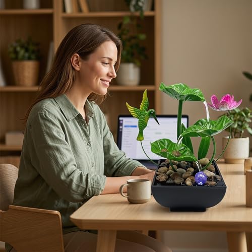 3-Tier Metal Lotus Tabletop Water Fountain with Color-Changing LED