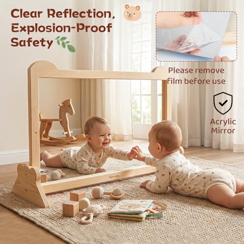 Montessori Baby Mirror with Adjustable Pull-Up Bar & Storage Shelf