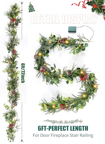 Brightown 6ft Christmas Garland with Lights, 2 Pack, Battery Operated, Pine Cones & Red Berries