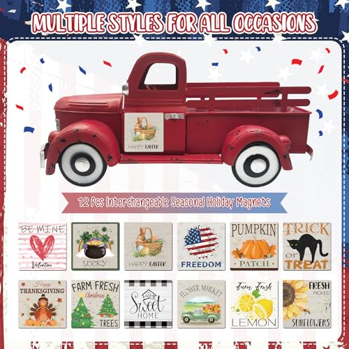 13.4" Farmhouse Red Metal Truck with 20 Interchangeable Seasonal Magnets