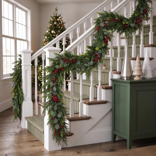 2Pcs 6Ft Real Touch Norfolk Pine Garland with Red Berries – Winter Holiday Decor