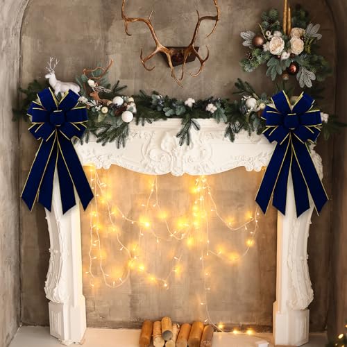 Vickasi Christmas Wreath Bowknot Navy Blue Velvet with Gold Edge - 11" x 21" Front Door Holiday Decor (Variation C)