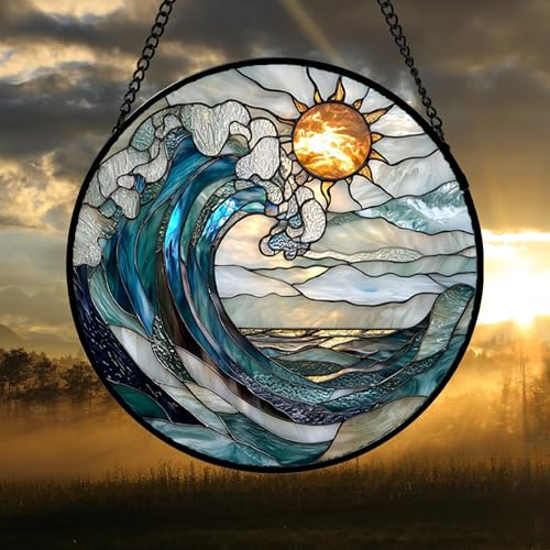 DASTOLL Blue and White Waves Stained Glass Window Suncatcher 14.9x14.9 Inch Gift