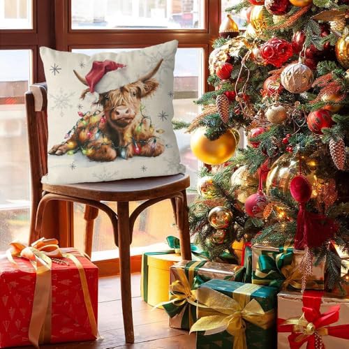 GAGEC Christmas Pillow Covers 18x18 Highland Cow Decor Throw Pillow Case