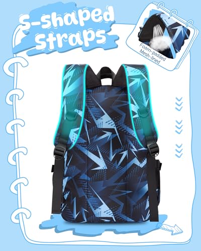 Kids School Backpack with 15.6 Inch Laptop Sleeve - Geometric Blue Bookbag
