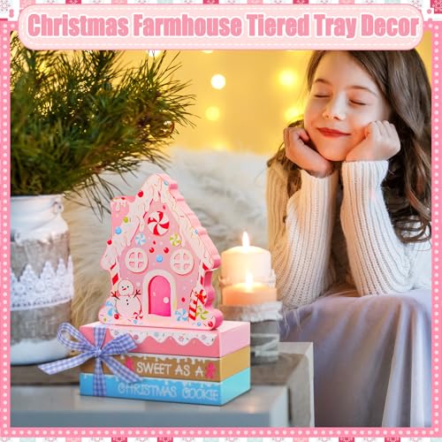 Gingerbread Man House Sign Set - Pink Christmas Table Decor (5 Pcs) - Includes Pastel Books & Coffee Cup Sign
