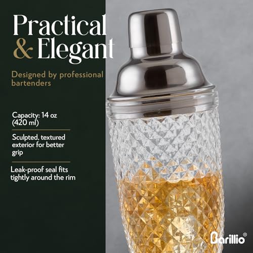 Barillio Silver 14 oz Glass Cocktail Shaker with Built-In Strainer - Leak-Proof Martini Mixer