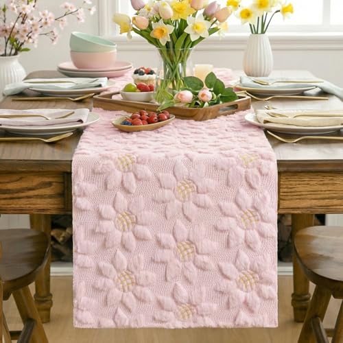 Artoid Mode Pink Soft Plush Faux Fur Jacquard Embroidery Sunflower Table Runner 13x48