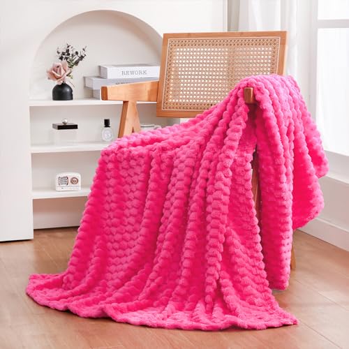 Hot Pink Throw Blanket 50x60 - Soft 3D Jacquard Flannel Fleece Plush