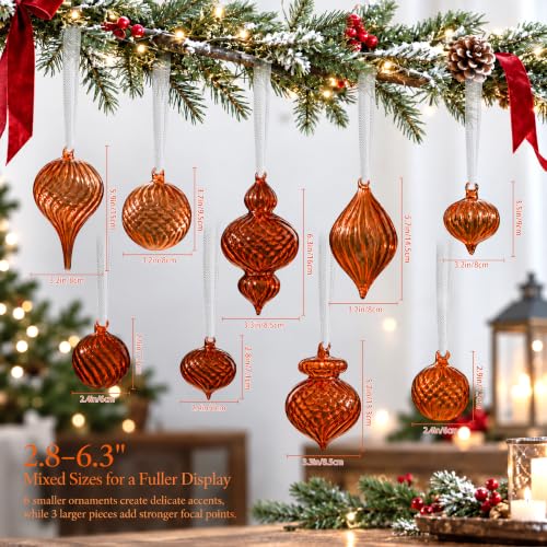 OuMuaMua Warm Amber Glass Christmas Ornaments, 9-Pc Set, 2.8-6.3in
