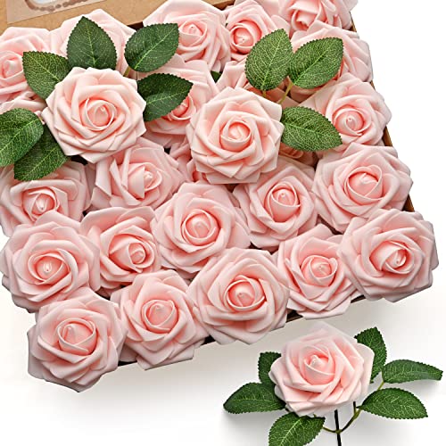 50 Pcs Blush Pink Artificial Roses Foam Flowers with Stems