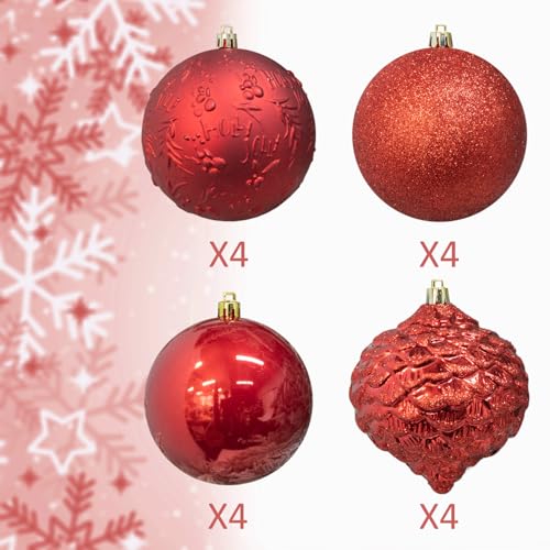 KI Store 4-Inch Red Shatterproof Christmas Balls - 16 pcs Ornaments for Xmas Trees & Holiday Decor