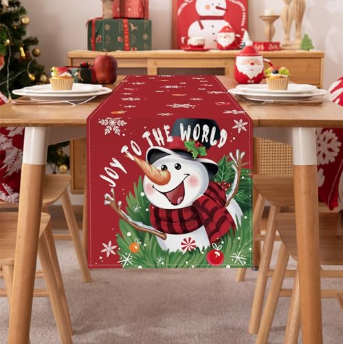 Bonhause Red Snowman Christmas Table Runner 13x90 Inch - Holiday Kitchen Decor (Variation: Red Snowman-2)