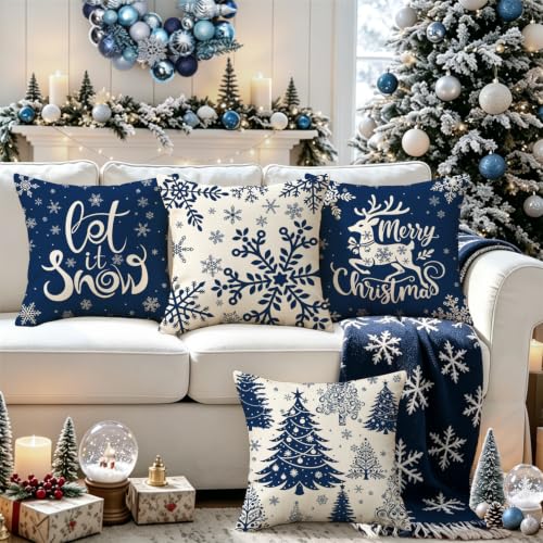 Blue Reindeer Christmas Pillow Covers 18x18in (Set of 4) - KISVODS