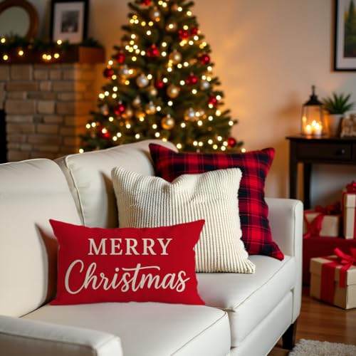 PANDICORN Christmas Pillow Covers 12x20 Set of 2 - Merry Christmas Believe Red