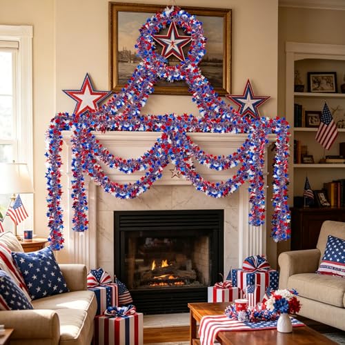 Patriotic 4th of July Tinsel Garland - 50ft Red White & Blue Metallic Decor