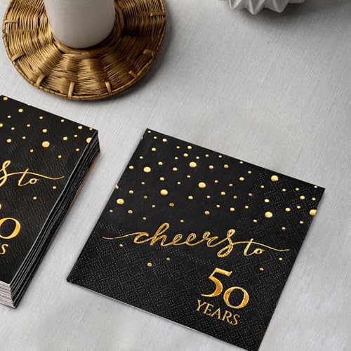 50th Birthday Napkins - Cheers to 50 Elegant Black & Gold Cocktail Party Pack, 100 Count