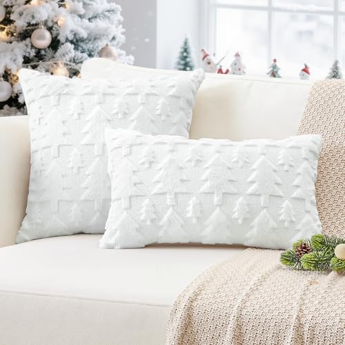 OTOSTAR 20x20 White Christmas Tree Plush Pillow Cover - Faux Fur Wool Cozy Throw Cushion