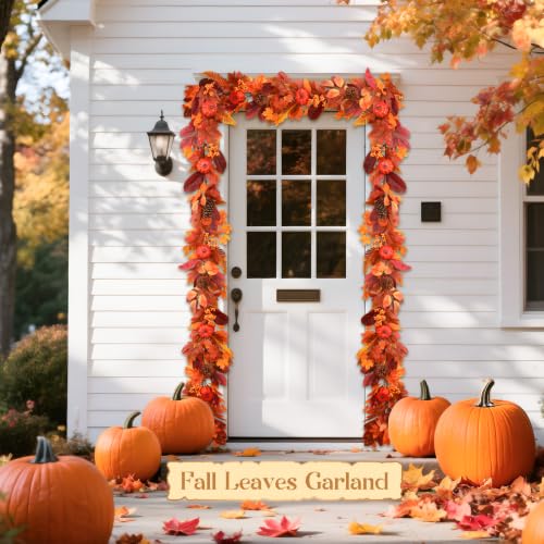 9ft Lighted Fall Garland with Timer, Autumn Maple Leaves & Pumpkins