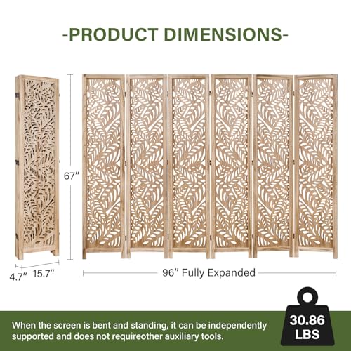 6-Panel Leaf-Carved Wood Room Divider, 67-Inch Foldable Privacy Screen