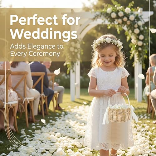 Hand-Woven Rattan Flower Girl Basket with Pearl Handle and Satin Bows