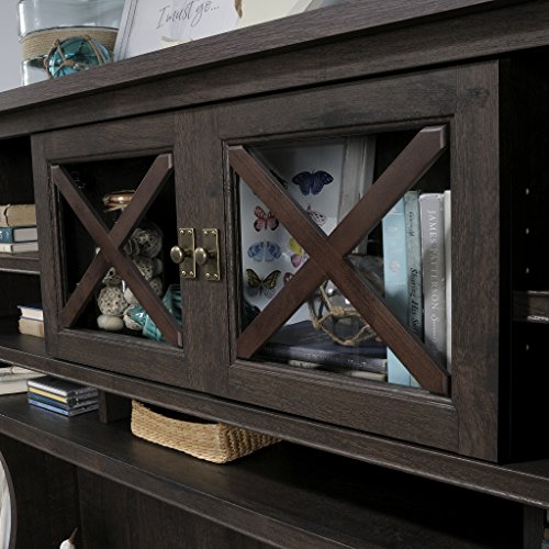 Large Office Hutch with Glass Doors and Adjustable Shelves - Coffee Oak