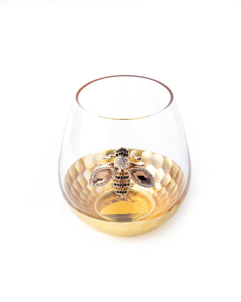 Modern Outlet Home Decor Honey Bee Stemless Wine Glasses - Set of 2 Luxury Crystal Glassware with Jeweled Honey Bee - Unique Wine Lover Gifts for Women - Tumbler for Cocktails, Red, or White Drinks