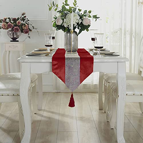 Red Sequin Rhinestone Table Runner 13x72 Inches with Tassels for Weddings & Holidays