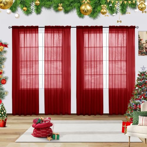 youleyar Christmas Red Sheer Voile Curtain Panels 4 Pack, 52x90 Inch