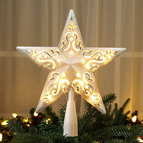 Silver Glitter Lighted Christmas Tree Topper - 3D Double-Sided Star