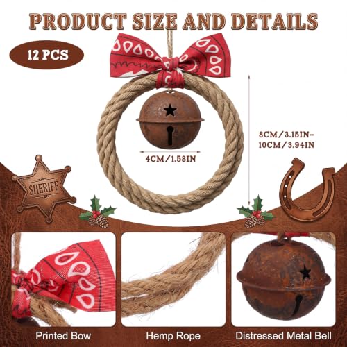 Hollowfly 12 Pcs Western Christmas Bell Ornaments Set with Hemp Loops