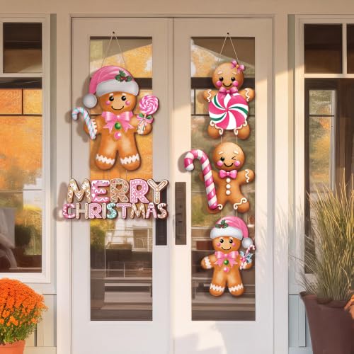 Pink Gingerbread Man Christmas Wooden Door Sign - Holiday Decor, 20.5 x 6.2 inches