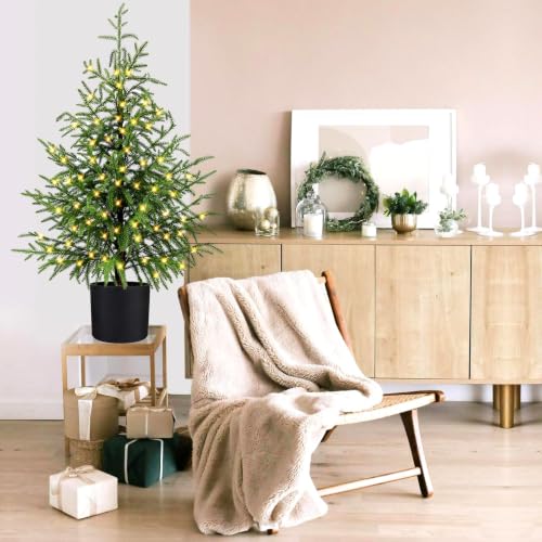 Enven 3ft Norfolk Pine Artificial Christmas Tree with 50 LED Lights & 8 Modes - Potted Holiday Decor (Single Pack)