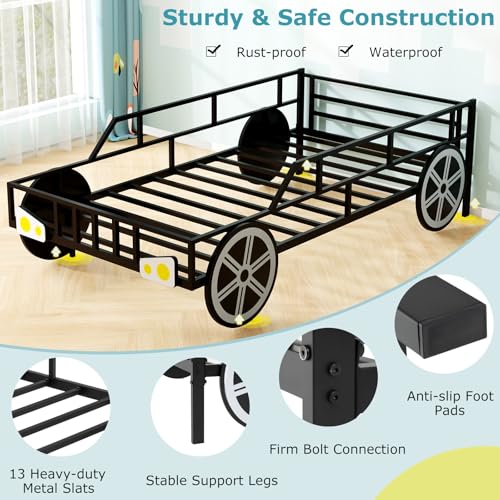 Twin Size Race Car Bed Frame for Kids with Safety Guardrails & Metal Slats