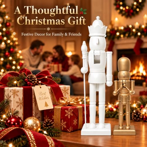 Nutcracker Christmas Decor Set, 2-Pack White & Gold – Royal King & drummer Figurines, 15in & 9.85in (Variation: Whitegolden) by Tngan