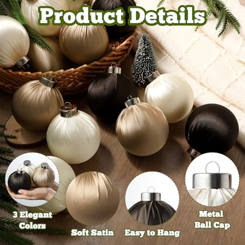 Bornerwhite Champagne Brown Satin Christmas Ornaments Set of 15 - 3.15 Inch Holiday Tree Decorations