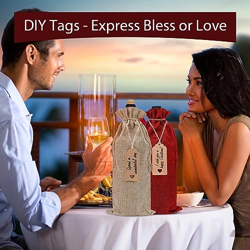 Reusable Burlap Wine Gift Bags with Drawstrings & Tags - 12 Pack (750ml)