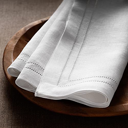 20 x 20 Inch White Linen Napkins Set of 4 Double Hemstitch - O'lucio Authentique Home