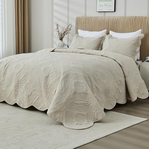 Oversized King Bedspread Set 128x120 - Ultrasonic Quilted Beige Coverlet
