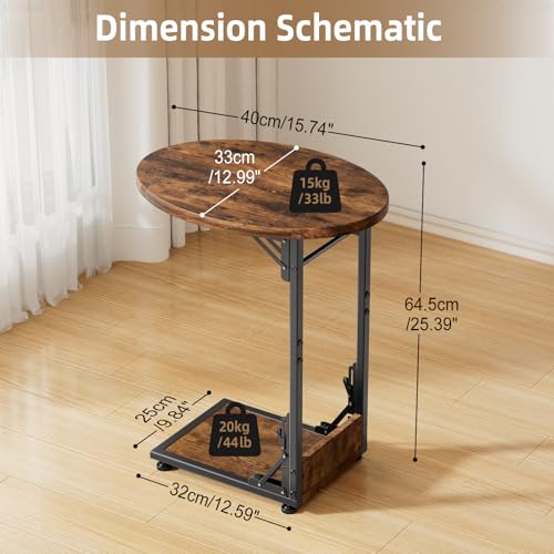 2-Tier C-Shaped Folding Side Table, Compact Metal & Wood Sofa End Table