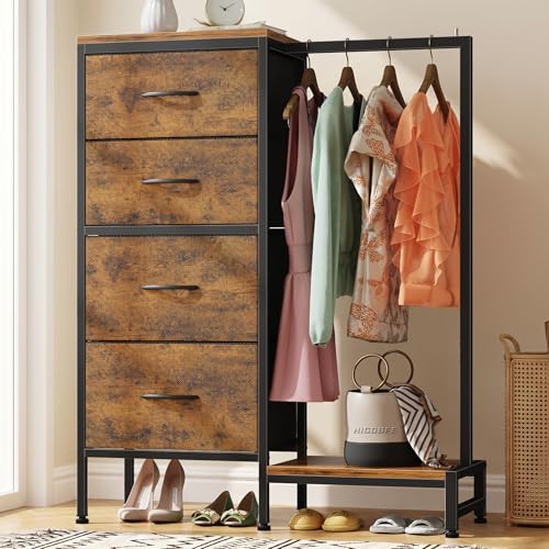 Rustic Brown 44'' Tall Dresser with Hanging Clothes Rack & 4 Drawers - Reversible, Sturdy Storage Tower